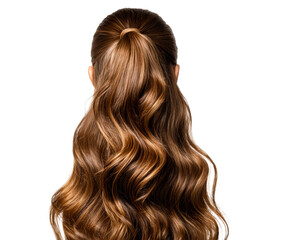 Long healthy brunette hair with highlights styled in a perfect high ponytail with beautiful flowing curls and waves, showcasing a glamorous female hairstyle from a rear view