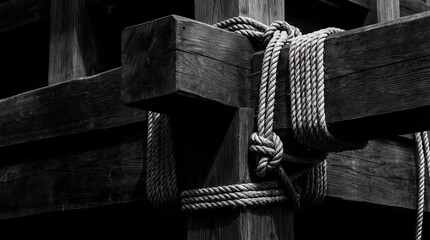 Traditional Japanese Wood Joinery with Heavy Rope Knots in Dramatic Black and White Featuring Ancient Craftsmanship Strength and Unity for Cultural Heritage Architecture and Security Design