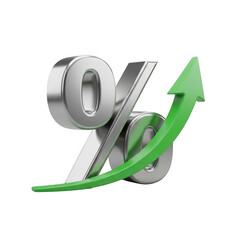 Shiny silver percentage symbol with green upward arrow isolated on transparent background