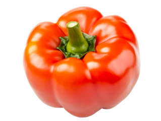 Fresh whole red bell pepper with a vibrant green stem is shown from a top-down perspective, highlighting its glossy skin and ripe, healthy appearance in a studio shot