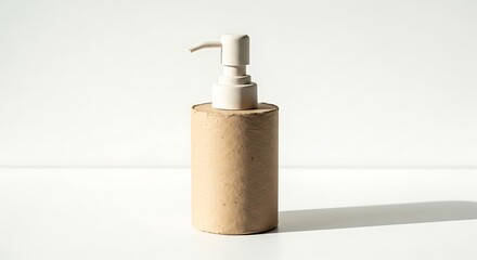 Obraz premium A beige textured cylinder soap dispenser with a white pump mechanism sits on a white surface casting a shadow