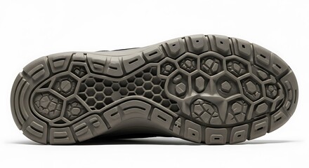 Close up of a grey shoe sole with hexagonal and geometric tread patterns on a white background footwear