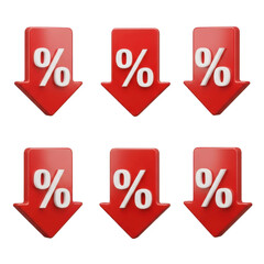 Six red downward arrows with percentage signs isolated on transparent background