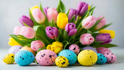 Vibrant tulips and decorative easter eggs arrangement