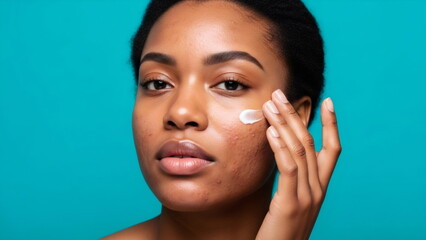 An African American woman applies cream to her problematic, acne-prone facial skin. Daily skincare and cosmetic procedures. Skin care, cosmetics, and moisturizing. On a blue background.