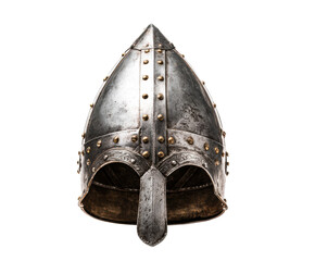 Ancient medieval steel nasal helmet with rivets and a prominent nose guard, featuring decorative embossing and authentic signs of age and battle wear from a historical era