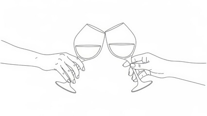 Two hands clinking wine glasses in a toast, celebration, minimal line art