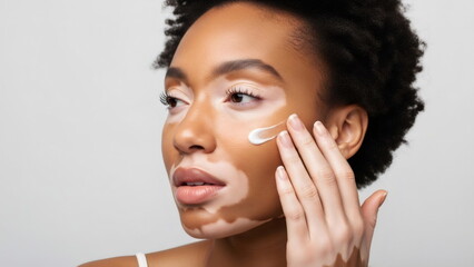 Young african american woman applying cosmetic cream to her face with vitiligo. Beauty and skincare concept for diverse skin. White background.