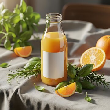 Fresh orange juice in a glass bottle with blank label and orange slices on table