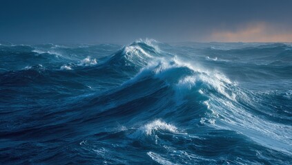 Majestic, powerful ocean waves surge under a dramatic, cloudy sky