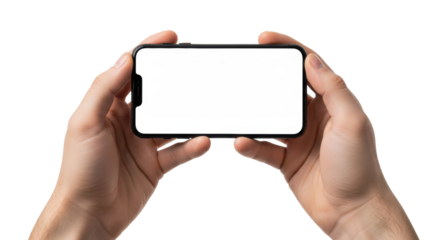 A pair of clean, professional caucasian hands gently holding a sleek, matte black smartphone horizontally against a transparent, shadowless studio background, ultra photorealistic product showcase