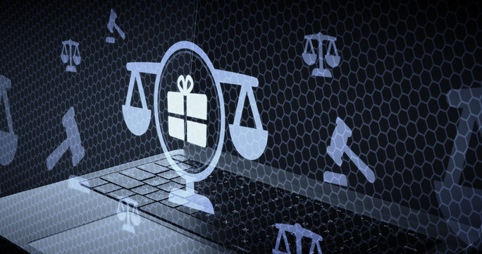 Derecho de Sucesiones y Donaciones Concepto de Impuestos sobre Regalos y Herencias con Icono de Paquete de Regalo y Balanza de Justicia sobre Fondo de Panal de Abeja Tecnol&oacute;gico