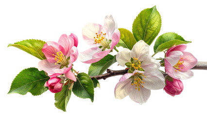 Pink flowers on tree branch isolated on transparent background. Spring blossom