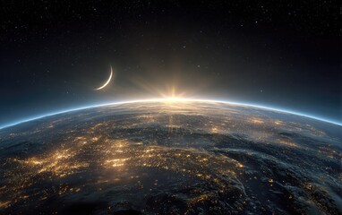 Sunrise over a lit-up Earth, with a crescent moon in the starry night sky