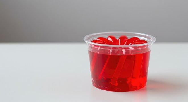Bright red molded gelatin dessert in a translucent plastic cup, sitting on a white table. A popular, wiggly, refreshing treat ,minimalist ,wobbly ,packaged