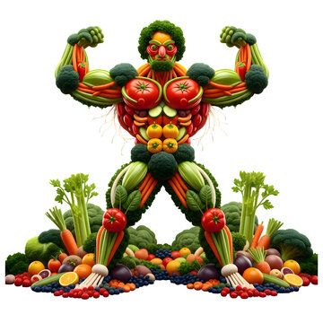 Muscular Humanoid Figure Composed Entirely of Fresh Vegetables and Fruits healthy eating fitness