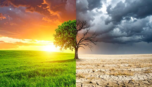 Half alive half dead tree dividing two landscapes from colorful meadow to dry wasteland