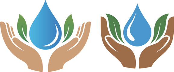 Hands Holding Water Drop and Green Leaves for Environmental Sustainability