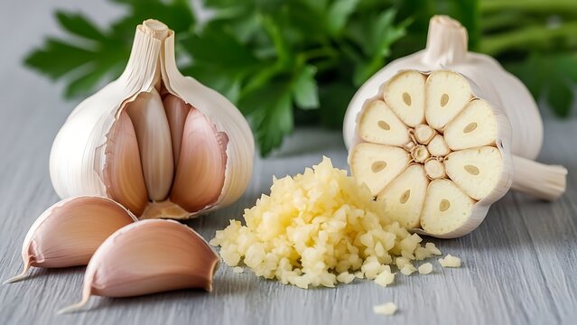 Fresh garlic bulbs and cloves with minced garlic on a wooden surface with fresh parsley in the background adding flavor and aroma to various culinary dishes and recipes.