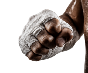 Fighter's powerful clenched fist wrapped in white gauze tape is sweaty and ready for combat, captured in a dramatic close-up with intense, high-contrast lighting