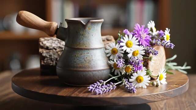 Rustic Coffee Pot with Wildflowers and Wood Slice on Wooden Platter.