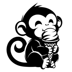 cute cartoon monkey eating ice cream cone, playful black white animal illustration isolated on white background with fun dessert concept.