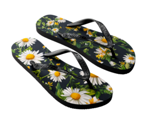 Pair of black floral flip-flops showcases a beautiful daisy and chamomile print on the ribbed sole, complemented by intricately textured thong straps for a stylish summer accessory