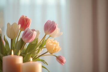 Colorful bouquet of tulips in various shades of pink, yellow, and white arranged beside lit candles on a table with soft natural light filtering through sheer curtains