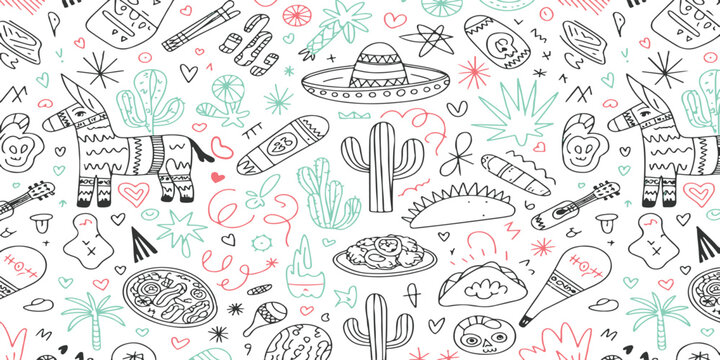 Mexican fiesta cultural pattern with pinatas and sombreros, hand-drawn doodle illustration of traditional Mexico icons