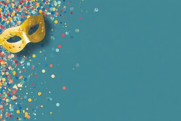 Gold masquerade mask placed on a teal background with colorful confetti scattered around, creating a festive atmosphere suitable for celebrations or parties with copy space