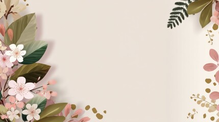 Floral illustration featuring pink and white flowers with green leaves on a soft beige background, ideal for invitations or decorative purposes with copy space