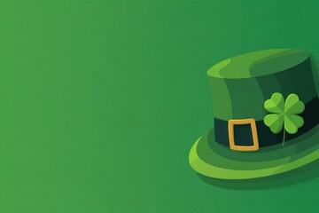 Green leprechaun hat with a shamrock decoration on a vibrant green background, ideal for St. Patrick's Day celebrations and themed events with copy space