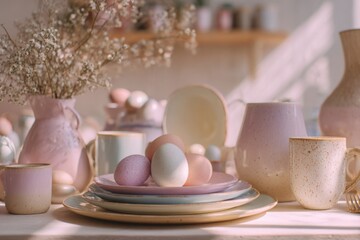 Decorative pastel table setting with colored eggs, ceramic dishes, and a vase of dried flowers, creating a serene atmosphere for spring celebrations and gatherings