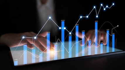 A professional business analyst engages with a digital interface showcasing interactive graphs and data visualizations for financial analysis and insights. Scalp