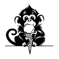 cute cartoon monkey holding ice cream cone, playful black white animal illustration isolated on white background with fun dessert concept.