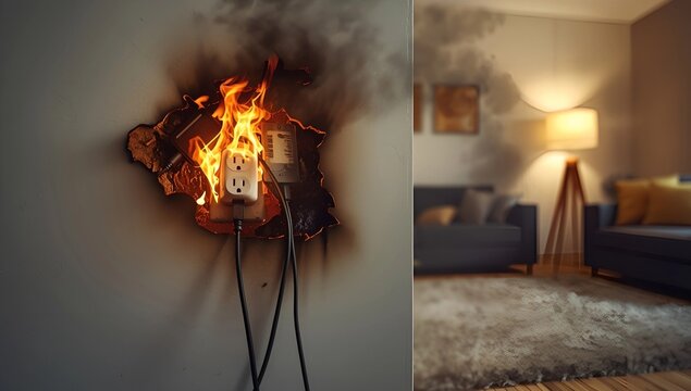 Overloaded electrical outlet on fire causing a domestic house fire.