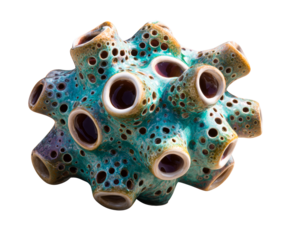 Organic biomorphic ceramic sculpture with a porous turquoise and brown glaze, featuring multiple tubular openings and a glossy, textured surface in a contemporary artistic style