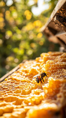 Honeybee working on a fresh honeycomb frame, surrounded by golden honey cells, highlighting the intricate structure of the hive against a blurred natural background