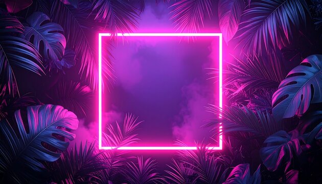 Neon pink square frame surrounded by tropical leaves in purple night glow style
