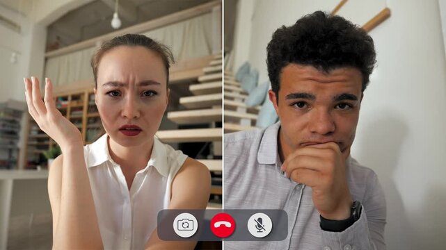 A split screen shows two team members on a call. One looks bored while the other seems frustrated. They are discussing work updates in a home office.