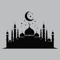 Obraz premium Grand Mosque Under Crescent Moon Night Silhouette vector design art and illustration