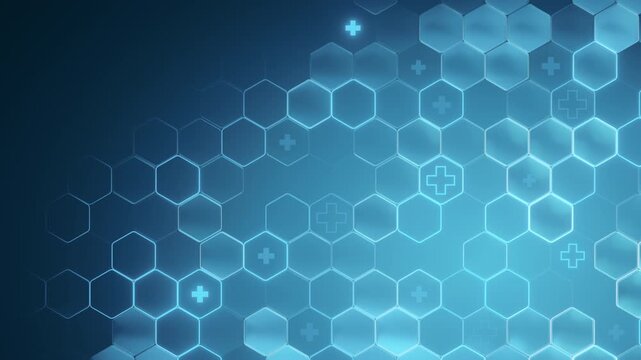 Glowing blue medical background. Hexagon grid pattern, plus signs. Abstract science, healthcare, technology, digital data. Futuristic backdrop, innovation, research, medicine presentations.