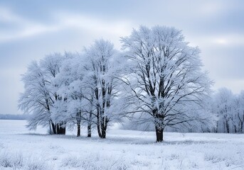 Fototapeta premium Winter wonderland scene with snow covered trees under a cloudy sky in a field area