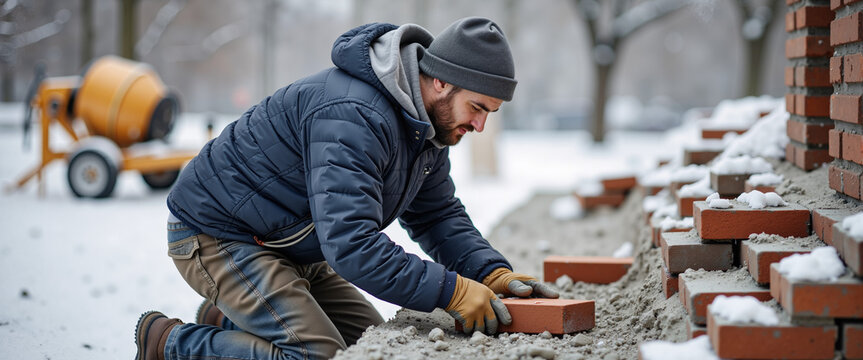 Worker laying bricks in snow while kneeling at construction site  