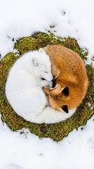 Fototapeta premium Two foxes, one white arctic fox and one red fox, curled up together in a heart shape on mossy snow.