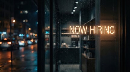 Now hiring neon sign in shop window at night, job recruitment