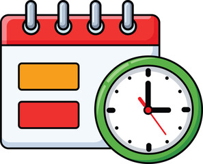 Red and orange calendar pages next to a green faced clock showing time planning schedule