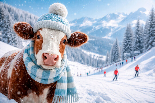A cute cow wearing a winter hat and scarf standing on a snowy mountain slope with skiers in the distance during a bright cold winter day