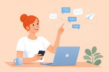 Fototapeta premium Woman using phone and laptop with chat and email icons