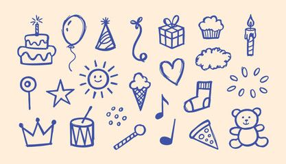 Collection of blue hand drawn birthday doodles including cake balloon and party icons on a light cream background © Arshad